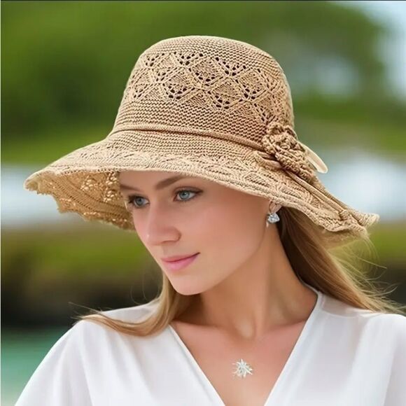 Foldable Wide Brim Packable Straw Sun Hat OS Gray NWT - Picture 3 of 6